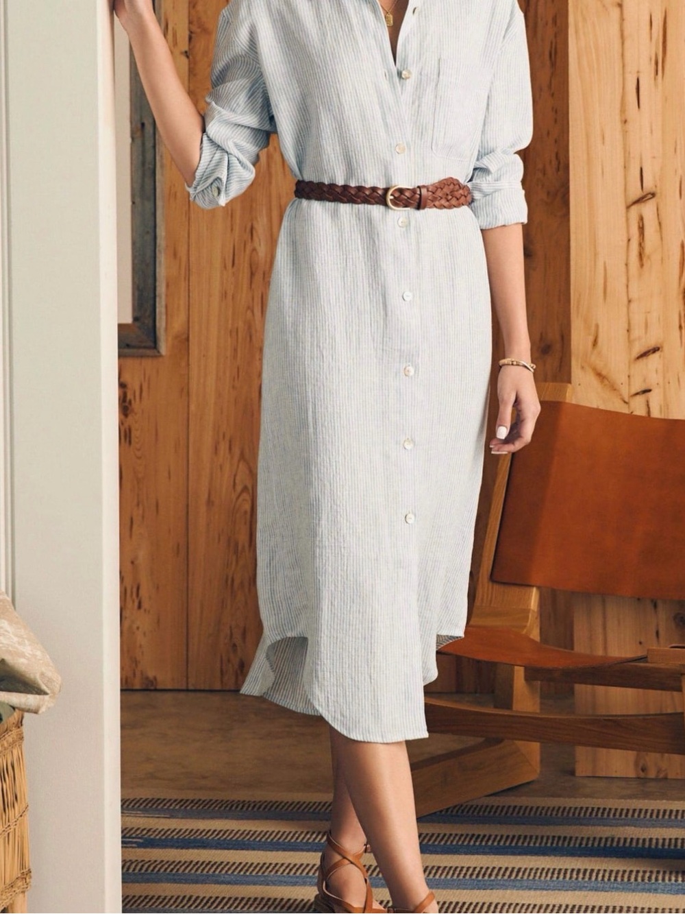 Faherty Light Blue Striped Button-Front Midi Dress